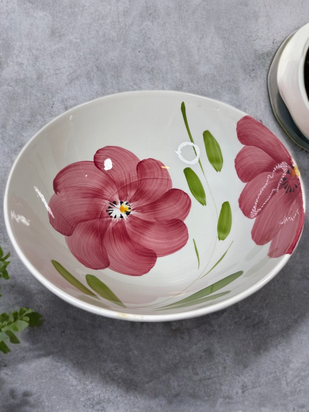Vintage Large Hand-Painted Floral Serving Bowl 13 wide 5” tall